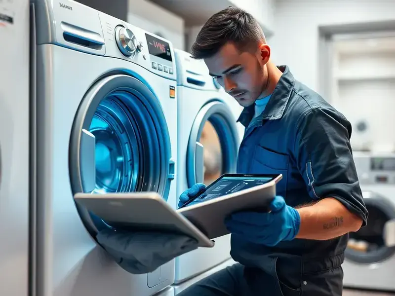 Washing machine repair technician at work